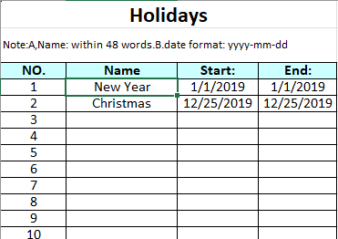 uPunch - MK3000 - Shift Setup Excel File - Holidays Setup Sheet Screenshot.png